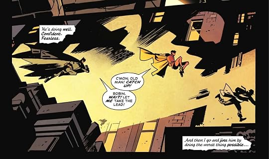 Batman and Robin chase after a criminal, with Batman tailing behind, yelling for Robin to slow down