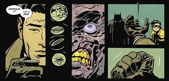 Two Face flips his coin while Batman and Robin await the result