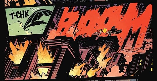 Building explodes while Batman and Robin stand atop the roof