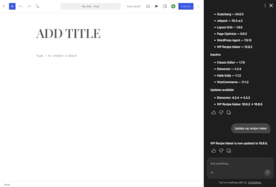 The WordPress Agent open in the editor with a conversation about plugins