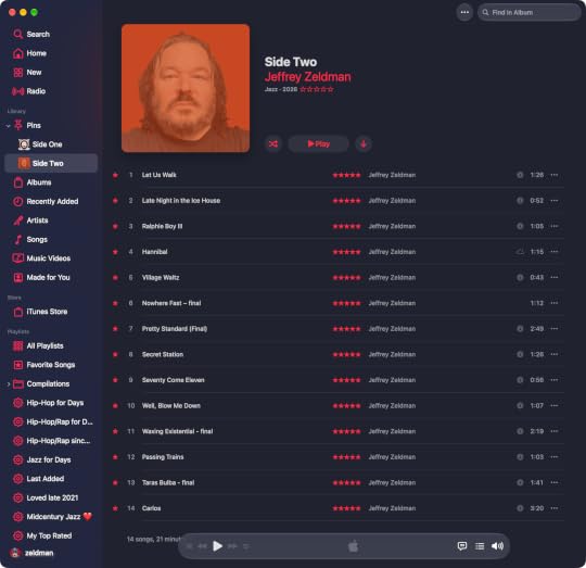 LP in progress: Side Two by Jeffrey Zeldman, nearly complete. Image of the first 14 tracks in Apple Music. 