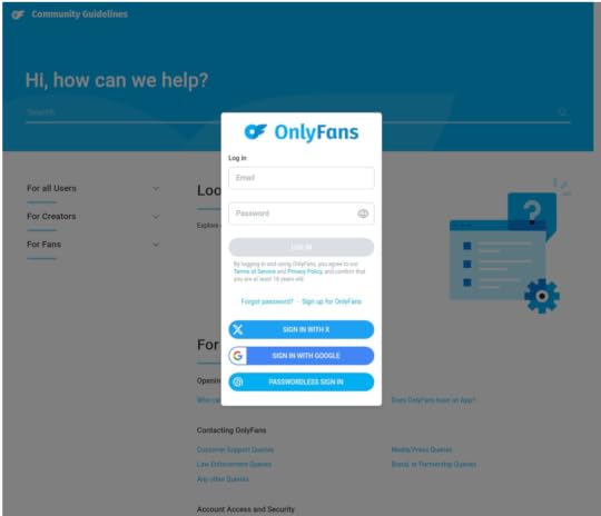 OnlyFans help centre page with the login window open