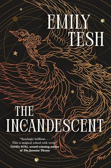 A stylized phoenix on a black background as the cover for The Incandescent by Emily Tesh.