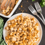 Vegan mac and cheese bake with golden breadcrumb topping served on a white plate.