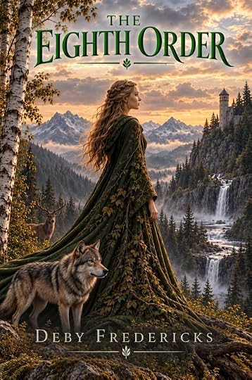 The Eighth Order by Deby Fredericks. A woman in a green robe looks over a mountainous landscape. A wolf stands at her side.
