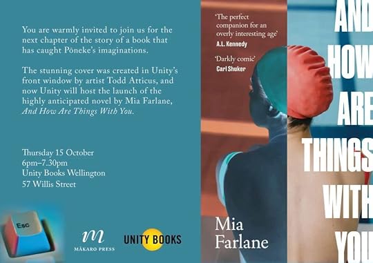 Inivitation to the launch of Mia Farlane's new novel, with details in the text of this post. Image has white text on a blue background to the left, and on the right, an image of the book cover.
