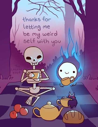A drawing of monsters having a picnic. The caption reads, "thanks for letting me be my weird self with you"