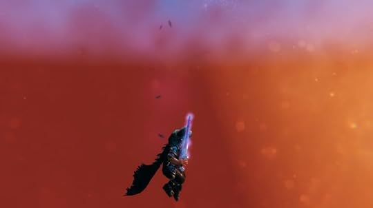 Screenshot from the game Valheim, with a character in free fall, yet hovering in place.