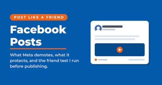 Facebook Posts featured card on a blue background reading post like a friend, beside a mock Facebook post preview.
