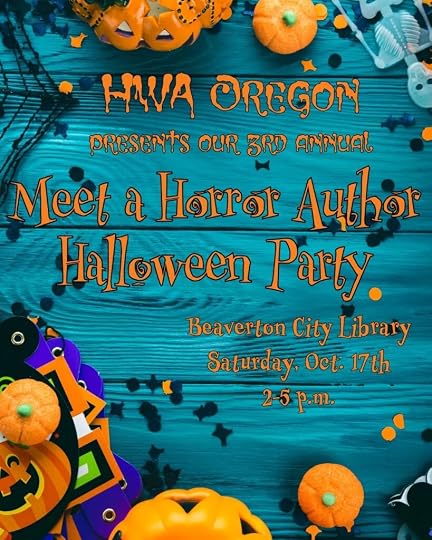 Halloween graphic with plastic pumpkins, skeleton, star and circle cut-outs, black webs strewn across a picnic table. Orange horror font text reads 