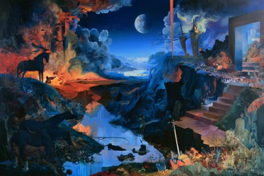 Visit https://almostmeaningful.com/royal-decanters-dust-the-staircase | Reading Ulysses in Montana #654 | Oil painting in the style of Hieronymus Bosch of an apocalyptic landscape with horses, a river, and night. A sword. A staircase. 
