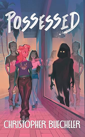 A completed color illustration in which we can see three people walking down a Miami street at sunset. Two young women and one young man. One of the women is looking into a store window, and we can see that her reflection has been replaced by a demonic figure