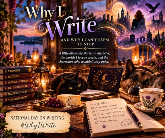 A magical writer’s desk with books, candles, a cat, and story ideas, celebrating National Day on Writing.