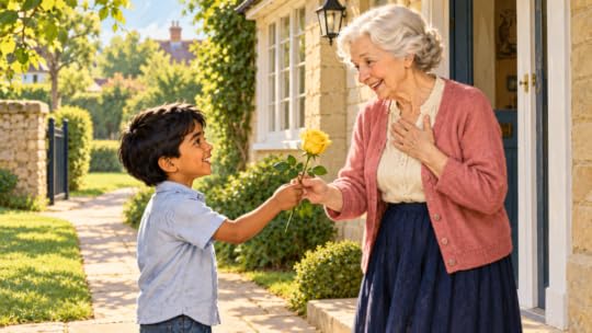 Illustration of a young boy giving a yellow rose to an elderly woman at her doorway.