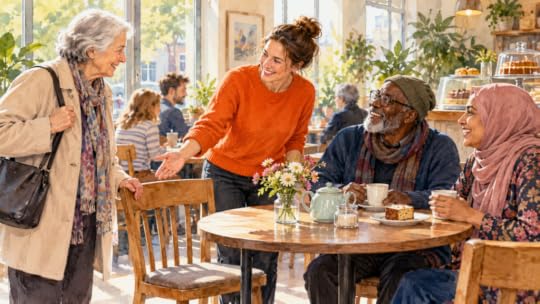 Illustration of a host in an orange jumper welcoming an older woman to an empty chair at a café table.