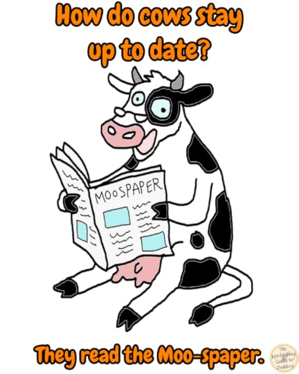 Cartoon cow reading a “Moo‑spaper” with a pun about how cows stay up to date.