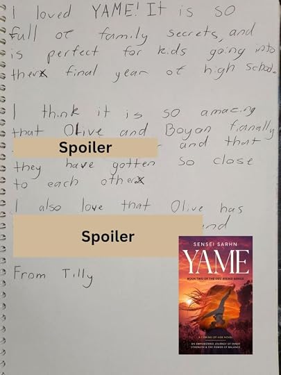 Wholesome fiction books for young teens. Image is a hand written review from a 10 year old reader about her love of YAME fiction novel, by Sensei Sarhn