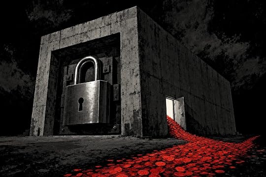 A concrete vault with a giant intact padlock on its front door while red coins pour out of a small open side door